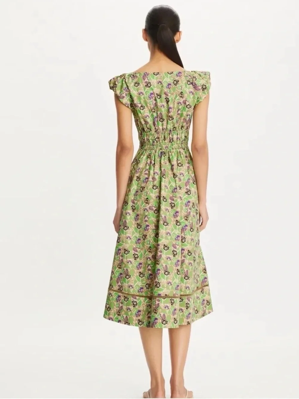 Tory Burch Floral Print Smocked Waist Midi Poplin Dress Green Size XS S